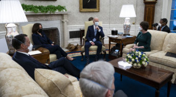 President Joe Biden and Vice President Kamala Harris meets with Republican Senators about the American Rescue Plan, in the Oval Office, Monday, Feb.1, 2021. (Photo by Doug Mills/The New York Times)