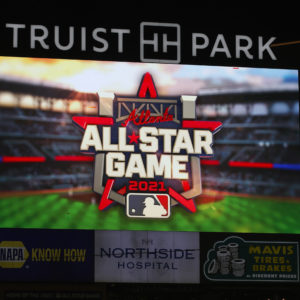 ATLANTA, GA - SEPTEMBER 24: The 2021 All Star Game Logo is displayed on the screen prior to the game between the Miami Marlins and Atlanta Braves at Truist Park on September 24, 2020 in Atlanta, Georgia. (Photo by Todd Kirkland/Getty Images) *** Local Caption ***