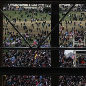 WASHINGTON, DC - JANUARY 06: A crowd of Trump supporters gather outside as seen from inside the U.S. Capitol on January 6, 2021 in Washington, DC. Congress will hold a joint session today to ratify President-elect Joe Biden's 306-232 Electoral College win over President Donald Trump. The joint session was disrupted as the Trump supporters breached the Capitol building. (Photo by Cheriss May/Getty Images)