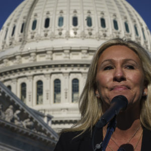 WASHINGTON, DC - FEBRUARY 5: Rep. Marjorie Taylor Greene (R-GA) speaks during a press conference outside the U.S. Capitol on February 5, 2021 in Washington, DC. The House voted 230 to 199 on Friday evening to remove Rep. Marjorie Taylor Greene (R-GA) from committee assignments over her remarks about QAnon and other conspiracy theories. (Photo by Drew Angerer/Getty Images)