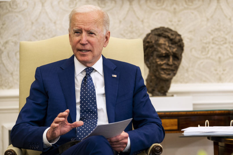 President Joe Biden and Vice President Kamala Harris during a meeting with the Congressional Asian Pacific American Caucus Executive Committee in the Oval Office, Thursday, April, 15, 2021. (Photo by Doug Mills/The New York Times)