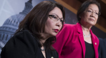 UNITED STATES - JANUARY 12: Rep. Tammy Duckworth, D-Ill., and Sen. Mazie Hirono, D-Hawaii, attend a news conference in the Capitol to oppose the nomination of attorney general nominee Sen. Jeff Sessions, R-Ala., January 12, 2017. (Photo By Tom Williams/CQ Roll Call)