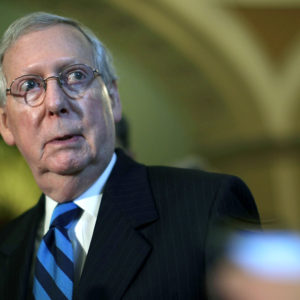WASHINGTON, DC - JULY 11: U.S. Senate Majority Leader Sen. Mitch McConnell (R-KY) listens during a news briefing after the weekly Senate Republican Policy Luncheon July 11, 2017 at the Capitol in Washington, DC. Sen. McConnell announced that Senate will delay its recess to the third week of August. (Photo by Alex Wong/Getty Images)