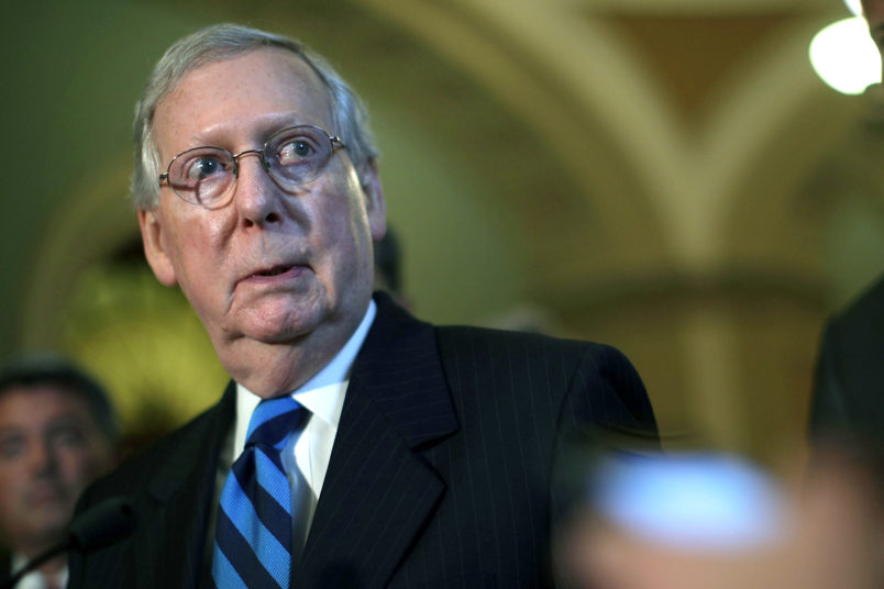 WASHINGTON, DC - JULY 11: U.S. Senate Majority Leader Sen. Mitch McConnell (R-KY) listens during a news briefing after the weekly Senate Republican Policy Luncheon July 11, 2017 at the Capitol in Washington, DC. Sen. McConnell announced that Senate will delay its recess to the third week of August. (Photo by Alex Wong/Getty Images)