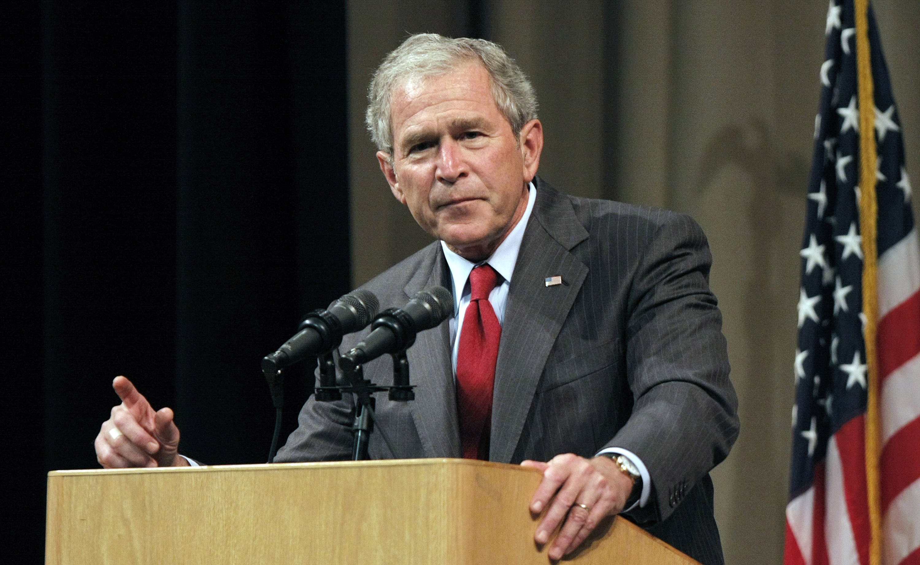 BENTON HARBOR, MI - MAY 28: Former President George W. Bush speaks at the Economic Club of Southwestern Michigan May 28, 2009 in Benton Harbor, Michigan. Bush was to discuss his presidency and life, as well as the economy and world events in his first speech since leaving office. (Photo by Bill Pugliano/Getty Images)