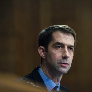 WASHINGTON, DC - JANUARY 30: Senator Tom Cotton (R-AR) looks on as Treasury Secretary Steven Mnuchin delivers the annual financial stability report to the Senate Banking, Housing and Urban Affairs Committee on January 30, 2018 in Washington, DC. Mnuchin said the Treasury can extend the government's debt limit suspension period into February before it exhausts its borrowing ability. (Photo by Pete Marovich/Getty Images)