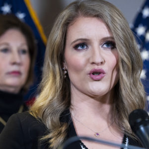 UNITED STATES - NOVEMBER 19: Jenna Ellis, right, and Sydney Powell, attorneys for President Donald Trump, conduct a news conference at the Republican National Committee on lawsuits regarding the outcome of the 2020 presidential election on Thursday, November 19, 2020. Trump attorney Rudolph Giuliani also attended. (Photo By Tom Williams/CQ Roll Call)