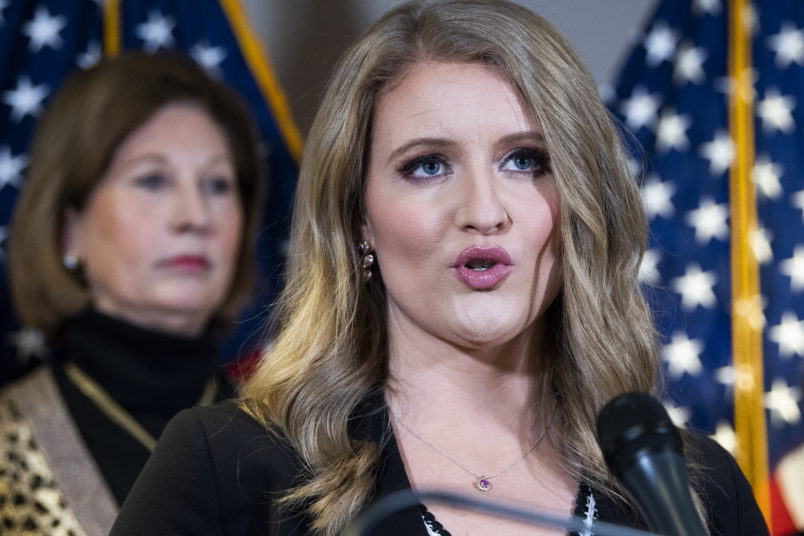 UNITED STATES - NOVEMBER 19: Jenna Ellis, right, and Sydney Powell, attorneys for President Donald Trump, conduct a news conference at the Republican National Committee on lawsuits regarding the outcome of the 2020 presidential election on Thursday, November 19, 2020. Trump attorney Rudolph Giuliani also attended. (Photo By Tom Williams/CQ Roll Call)