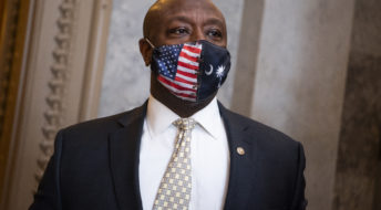 UNITED STATES - MARCH 04: Sen. Tim Scott, R-S.C., is seen outside the chamber as the Senate votes to open debate on the coronavirus relief package on Thursday, March 4, 2021. (Photo By Tom Williams/CQ Roll Call)