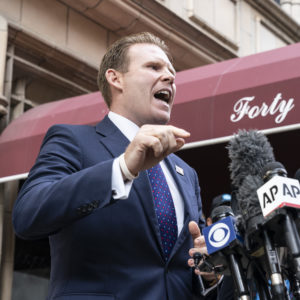45 EAST 66TH STREET, NEW YORK, UNITED STATES - 2021/04/28: Andrew Giuliani addresses press outside of his father's apartment. His father, Rudy Giuliani was personal attorney of the former President Donald Trump. Federal agents executed a search warrant early on this day at the Manhattan home of Rudy Giuliani in connection with criminal investigation into his involvement with Ukraine. (Photo by Lev Radin/Pacific Press/LightRocket via Getty Images)