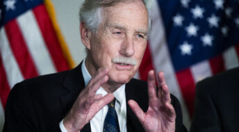 UNITED STATES - APRIL 27: Sen. Angus King, I-Maine,  conducts a news conference after the Democratic Senate Policy luncheon in Hart Building on Tuesday, April 27, 2021. (Photo By Tom Williams/CQ Roll Call)