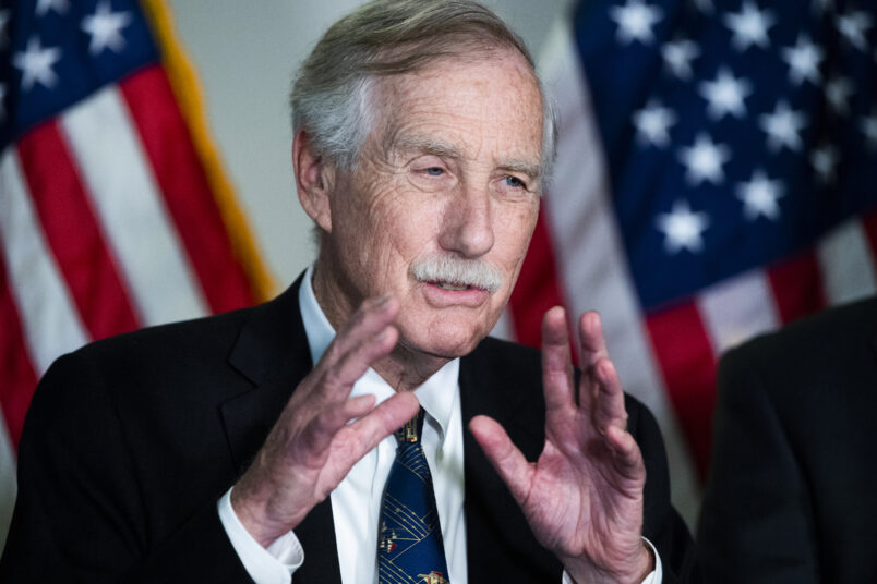 UNITED STATES - APRIL 27: Sen. Angus King, I-Maine,  conducts a news conference after the Democratic Senate Policy luncheon in Hart Building on Tuesday, April 27, 2021. (Photo By Tom Williams/CQ Roll Call)