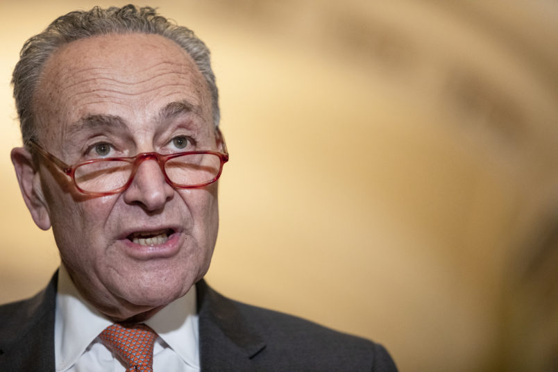 WASHINGTON, DC - MARCH 10: Senate Minority Leader Chuck Schumer (D-NY) talks to reporters following the Senate Democrats weekly policy luncheon on Capitol Hill on March 10, 2020 in Washington, DC. Democratic leadership criticized President Trumps response to the spread of the coronavirus and pushed for relief for individuals that may have to miss work from being quarantined. (Photo by Samuel Corum/Getty Images) *** Local Caption *** Chuck Schumer
