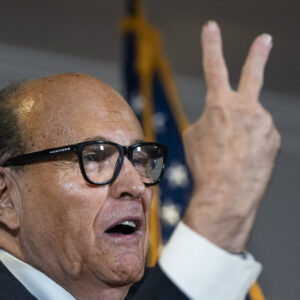 WASHINGTON, DC - NOVEMBER 19: Rudy Giuliani accuses people of voting twice as he speaks to the press about various lawsuits related to the 2020 election, inside the Republican National Committee headquarters on November 19, 2020 in Washington, DC. President Donald Trump, who has not been seen publicly in several days, continues to push baseless claims about election fraud and dispute the results of the 2020 United States presidential election. (Photo by Drew Angerer/Getty Images)