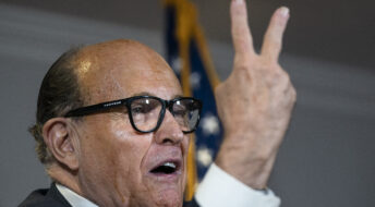 WASHINGTON, DC - NOVEMBER 19: Rudy Giuliani accuses people of voting twice as he speaks to the press about various lawsuits related to the 2020 election,  inside the Republican National Committee headquarters on November 19, 2020 in Washington, DC. President Donald Trump, who has not been seen publicly in several days, continues to push baseless claims about election fraud and dispute the results of the 2020 United States presidential election. (Photo by Drew Angerer/Getty Images)