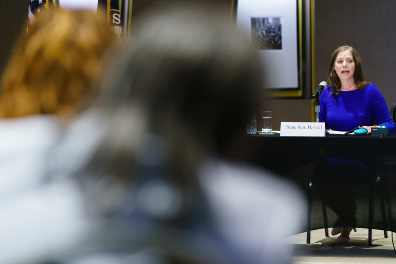 ATLANTA, GA - JULY 19: Sally Harrell, Georgia State Senator, testifies during a U.S. Senate Rules Committee Georgia Field Hearing on the right to vote at the National Center for Civil and Human Rights on July 19, 2021 in Atlanta, Georgia. (Photo by Elijah Nouvelage/Getty Images)