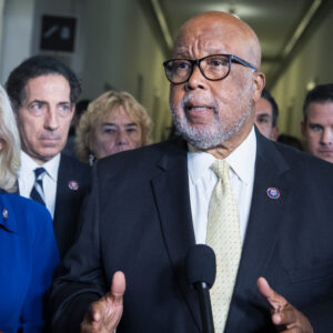 UNITED STATES - JULY 27: Chairman Bennie Thompson, D-Miss., addresses the media after the House Jan. 6 select committee hearing in Cannon Building to examine the January 2021 attack on the Capitol, on Tuesday, July 27, 2021. Also appearing from left are, Reps. Liz Cheney, R-Wyo., Jamie Raskin, D-Md., Zoe Lofgren, D-Calif., Pete Aguilar, D-Calif., and Adam Kinzinger, R-Ill. (Photo By Tom Williams/CQ Roll Call)
