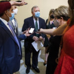 UNITED STATES - AUGUST 9: Sen. Richard Durbin, D-Ill., talks with reporters in the U.S. Capitol on Monday, August 9, 2021. (Photo By Tom Williams/CQ Roll Call)