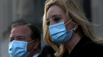 Mark and Patricia McCloskey leave the Carnahan Couthouse on Wednesday, Oct. 14, 2020, after pleading not guilty to two felony charges each of unlawful use of a weapon and evidence tampering for an incident in June when they pointed guns at protesters in front of their Portland Place home. (Laurie Skrivan/St. Louis Post-Dispatch/TNS)