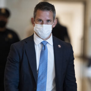 UNITED STATES - AUGUST 24: Rep. Adam Kinzinger, R-Ill., is seen in the Capitol Visitor Center before a briefing by administration leaders on the U.S. withdrawal from Afghanistan on Tuesday, August 24, 2021. (Photo By Tom Williams/CQ Roll Call)