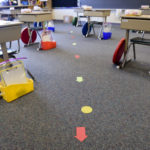 In a 1st grade classroom where the desks have been spread out for social distancing, and there are marks on the floor to indicate where the students should stand when lining up. At Shiloh Hills Elementary School, part of the Wilson School District in Spring Township, PA Friday afternoon August 21, 2020 where school teachers and administrators are preparing to open on August 26th for the school year after being closed since spring as a precaution against the COVID-19 / Coronavirus outbreak.